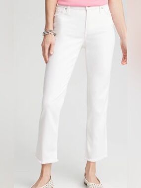 Chicos perfect stretch girlfriend crop frayed hem white jeans, size 6